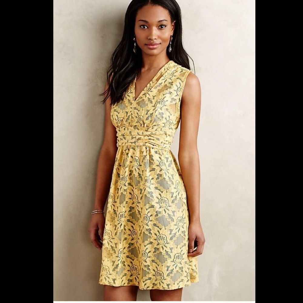 Anthropologie Yellow Lattice Lace Dress